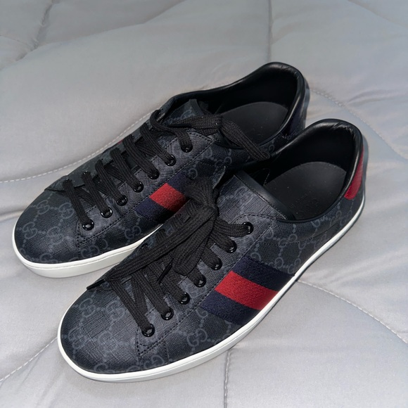 Gucci Men’s Ace GG Supreme Black Leather Sneakers US 8 - Picture 1 of 5